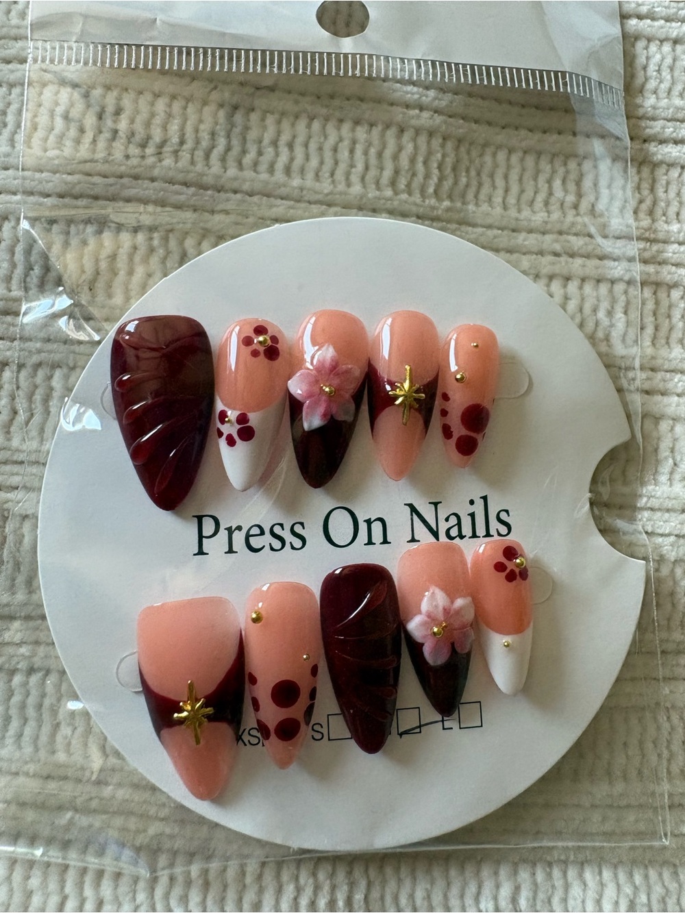 3D Peach and Burgundy Floral Press on Nails Size Medium